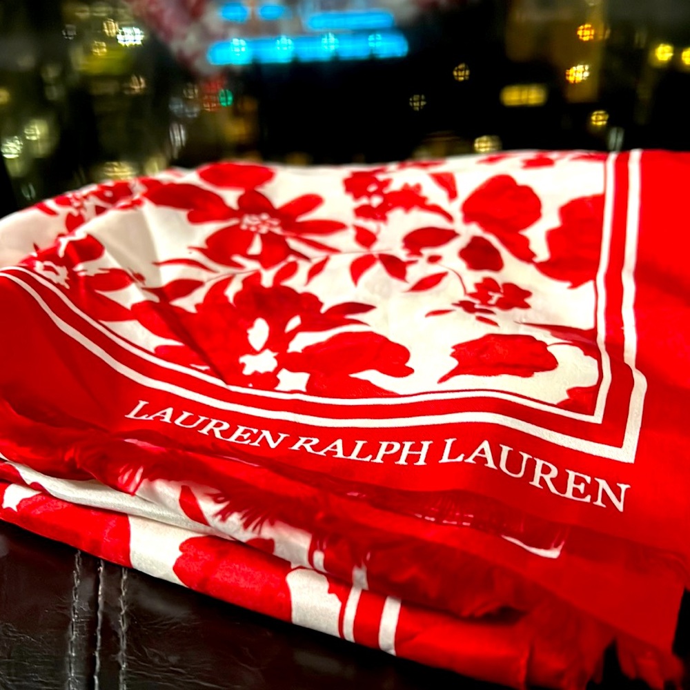 100% Ralph Lauren brand silk red and white womens neckerchief/scarf